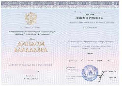 Диплом бакалавра психологии, 2021